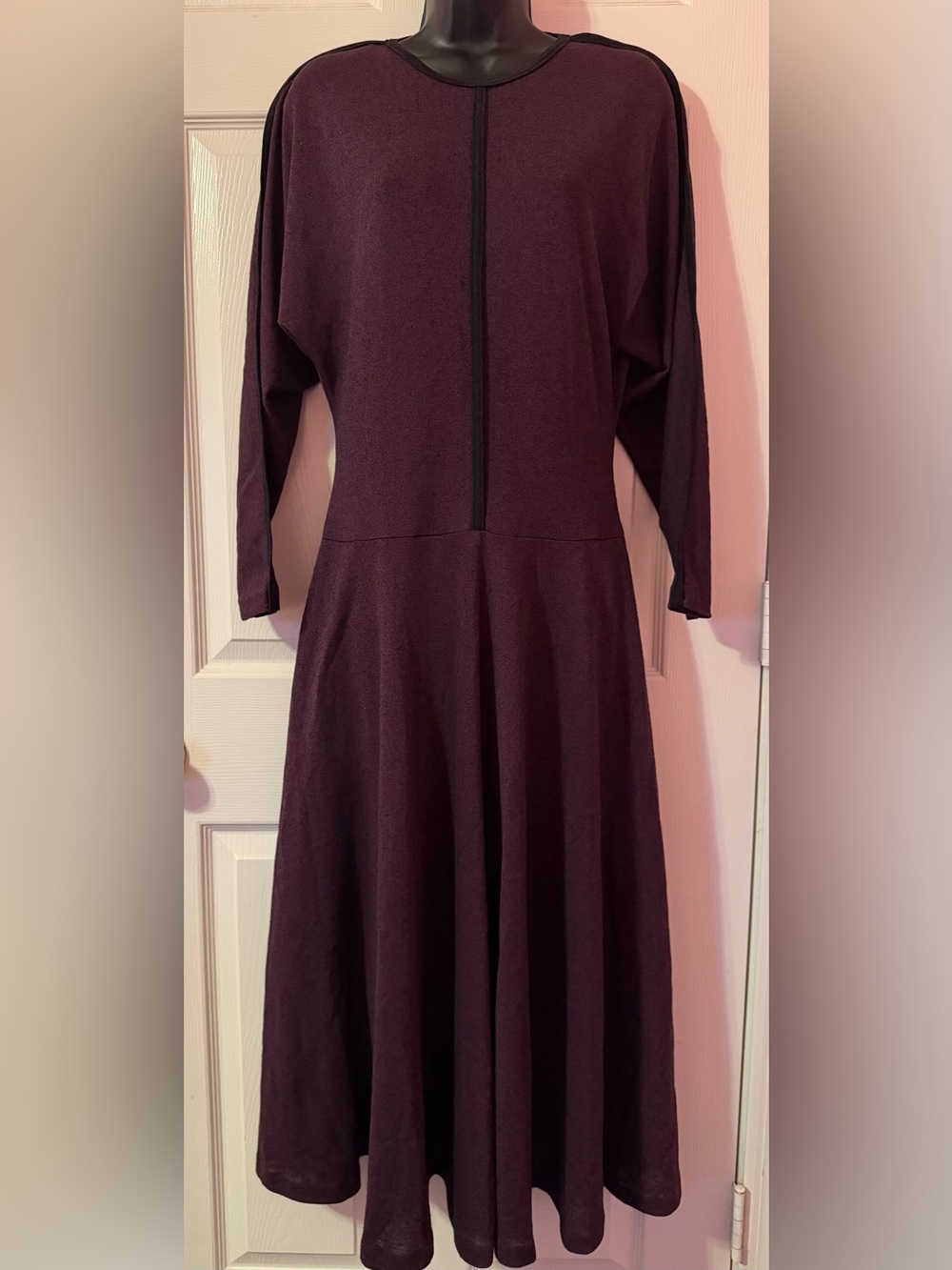 Neiman Marcus Plum Long-Sleeve Fit & Flare Knit Rib Dress